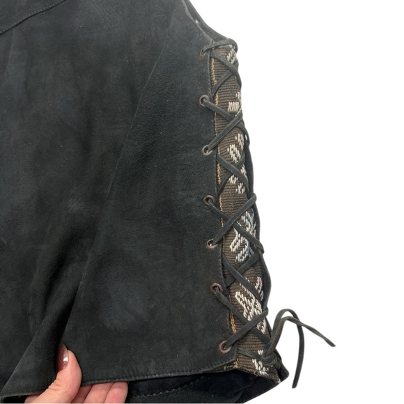 70s Vintage Leather & Southwestern Woven Festival Vest Lace-Up Sides - Picture 8 of 14